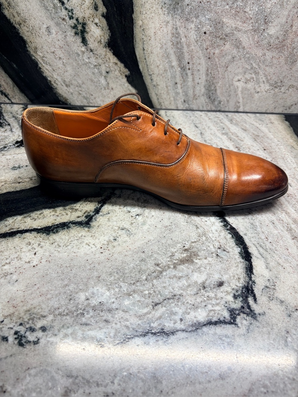 Santoni Cap Toe Oxford Shoes 10.5 US Cognac Brown Hand Burnished Made in Italy - Picture 7 of 12